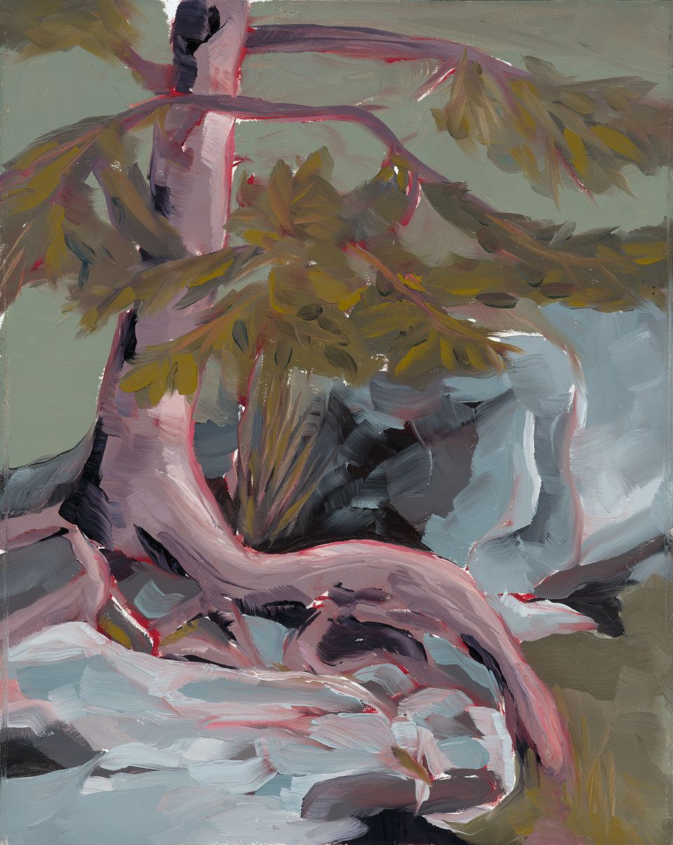 Oil painting of exposed tree roots and rocks beside turquoise water.