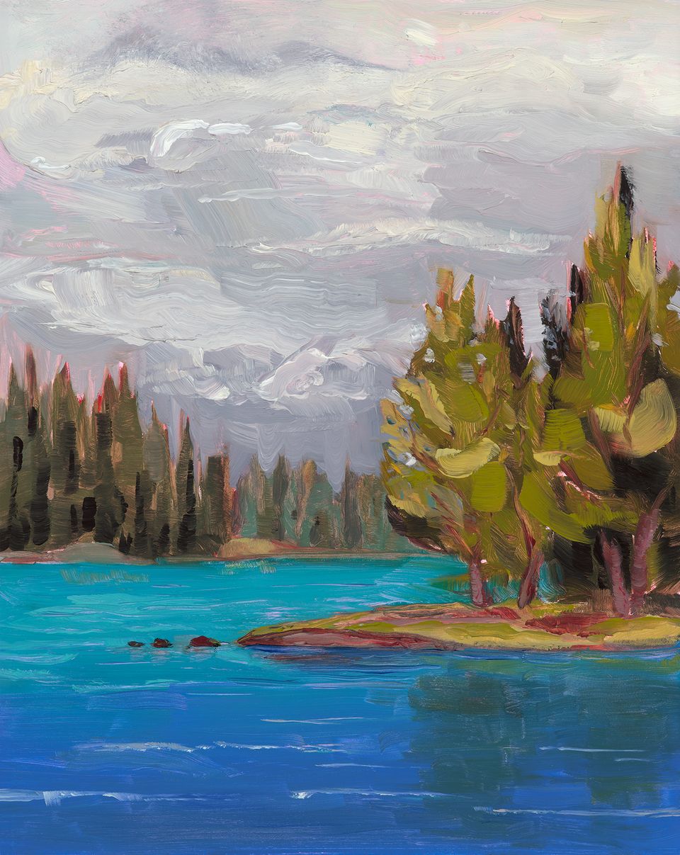 Oil painting of a turquoise mountain lake bordered by evergreen and golden trees.