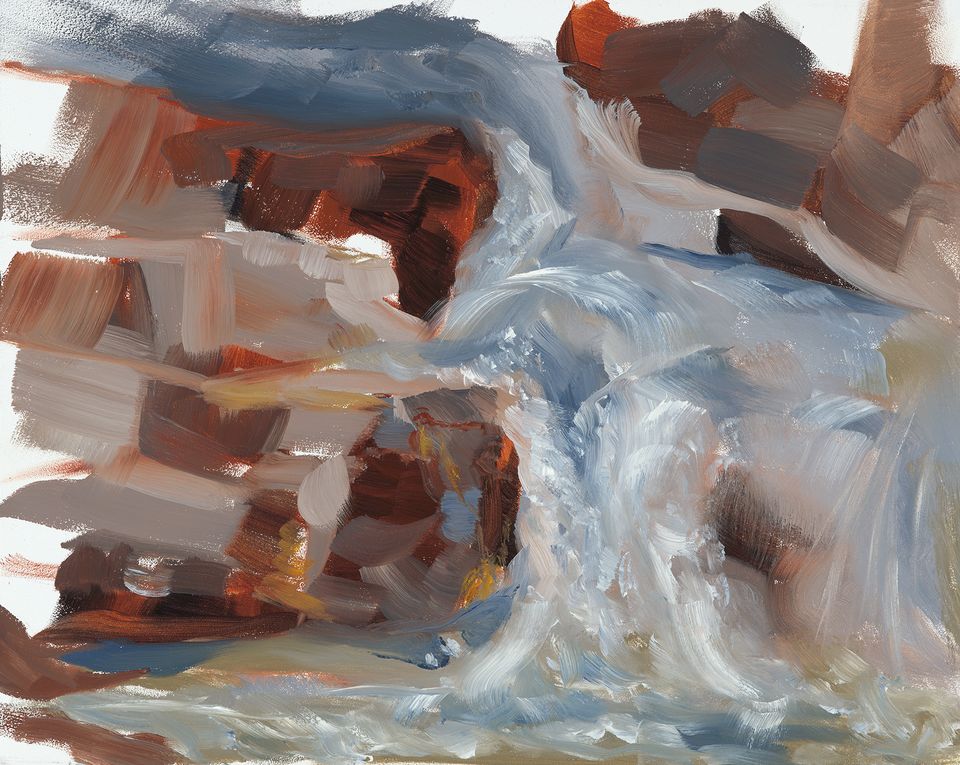 Oil painting of a waterfall cascading over warm brown rocks.