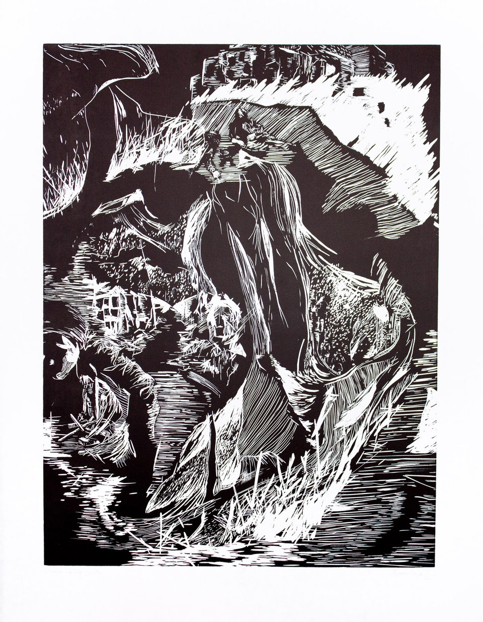 Black and white linocut of a figure in a mountainous landscape beneath a watchful eye.